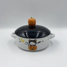 Sil-35046 Sanrio Hello Kitty Ceramic Casserole Dish With Lid Halloween Pumpkin Black Cat