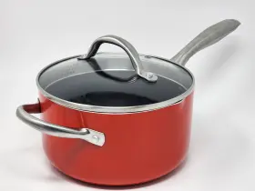 Sedona 811625030897 3.5- Quart Nonstick Saucepan With Straining Lid And Helper Handle Red