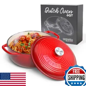 Segretto Cookware B094684q4q Enameled Cast Iron Dutch Oven Pot Lid Red 6 Quart