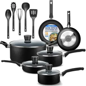 Slcw15blk Serenelife 15-piece Nonstick Pots And Pans Cookware Set Heat Resistant Black