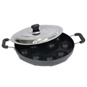 Shriya Ss0013 12 Pits Appam Maker With Lid Wooden Stick And Nylon Scrubber Patra Pan