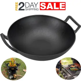 Ck-qd0360-cs1 Skyflame Wok De Hierro Fundido Precurado Grande 14 Pulgadas Con Asas Para Parrilla Fogata