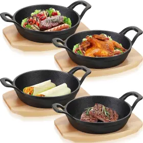 Bio-sliner-614 Sliner 4 Sets Mini Cast Iron Skillet Small Plates With Wooden Base