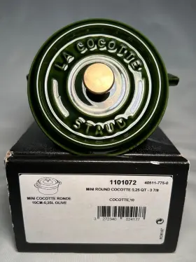 1101072 Staub Enameled Cast Iron Mini Round Cocotte .25 Quart Olive Green Brass Knob Read