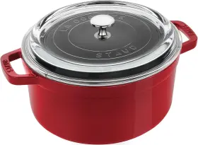 11412406 Staub Cast Iron Dutch Oven 4- Quart Round Cocotte With Cherry Glass Lid