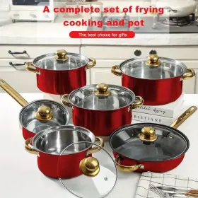 Jh944053 Sunken Design Red 12pcs Stainless Steel Pan Set Non-stick Heat Resistant Frying