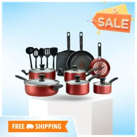 2100100487 T-fal Big Sale Initiatives 18 Piece Aluminum Nonstick Cookware Set - Red