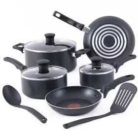 T-fal 705353744624 Essentials Aluminum Non-stick Pots And Pans Cookware 10 Piece Set Black