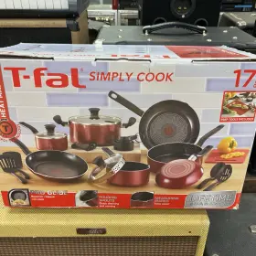 76400623 T-fal 17pc Aluminum Set Fry Pan Dutch Oven Red Simply Cook Cookware