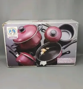 Tu-109 Tabletops Unlimited Vtg 7 Pc Non-stick Cookware Set Maroon New Open Box