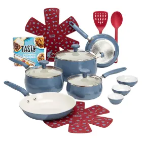 Tasty 741393037098 16 Piece Clean Ceramic Non-stick Aluminum Cookware Set Slate Blue