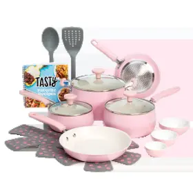 Ty11554-az Tasty 16-piece Us Ceramic Non-stick Cookware Set - Oven Safe Pink Aluminum Pans And Pot