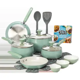 Ty11857-asl Tasty Clean Ceramic 16 Piece Non-stick Aluminum Cookware Set Sage Green