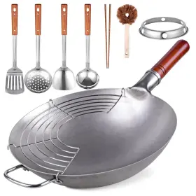 Teewe 728301927641 Carbon Steel Wok Traditional Hand Hammered - 13.4 Inch Chinese Roun