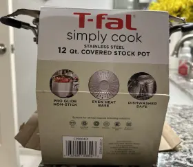 Tefal 032406048423 T-fal 12 Quart Stock Pot With Lid Stainless Steel Cookware Vented Clear Glass