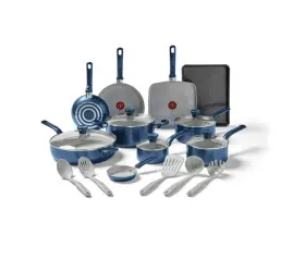 C483skdi Tefal T-fal Easy Care Ceramic 20 Piece Pots And Pans Cookware Set Blue