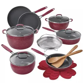 The Pioneer Woman 085081614155 18-pcs Aluminum Speckle Pot And Pan Cookware Set Frontier Merlot