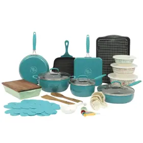 Pwd4007796141ep The Pioneer Woman Painted Meadow Speckle Teal 34-piece Aluminum Cookware Combo