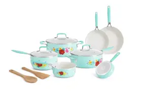 Pws236164424005 The Pioneer Woman Durable Classic 12 Piece Set Ceramic Breezy Blossom Cookware