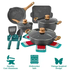 Pws542769314471 The Pioneer Woman Prairie Signature 14 Pcs Cast Aluminum Cookware Set Charcoal
