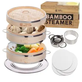 Threeway Cut 759687303538 Dumpling Bamboo Steamer 10in 2 Tier Wooden Basket With Handle