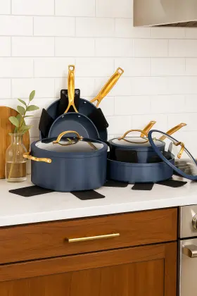Thyme & Table 848974212001 And Nonstick 12-piece Ceramic Cookware Set Granite Blue Durable
