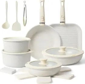 Tibbicc 850073124765 20pcs Ceramic Cookware Set Non Stick Pots And Pans With Detachable Handle White