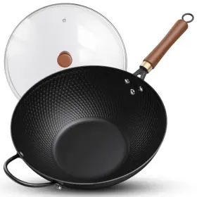 Todlabe 008678876538 Nonstick Wok Carbon Steel Pan With Glass Cover 13 Inch - Black