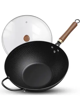 Todlabe 445005154106 Nonstick Wok 13-inch Carbon Steel Pan With Glass Cover Woks And Stir-fry