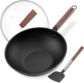 Wp03 Todlabe Carbon Steel Wok With Glass Cover And Spatula 13-inch Woks Stir-fry Pans