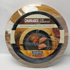 Tramontina 016017142503 Churrasco Sizzler Set Brazilian Cast Iron Plate Teak Trivet