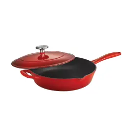 Tramontina 735343399169 Enameled Cast Iron Skillet With Lid 10-inch Frying Pan Red
