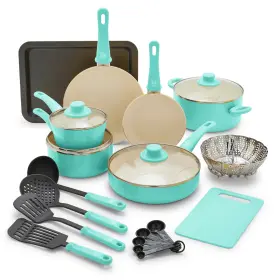 Cc001889-001 Un Brand 18-piece Soft Grip Toxin-free Healthy Ceramic Non-stick Cookware Set Turquoise