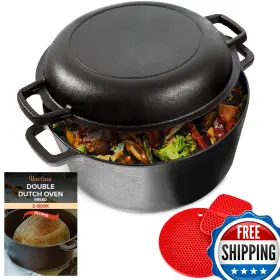 Uno Casa B07sq2qj1p 2-in-1 Cast Iron Dutch Oven Large - 5 Quart Pot Lid
