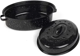 Vankutl 761594853853 16 Inch Roasting Pan With Lid - Covered Oval Roaster Enamel Carbon Steel Ro