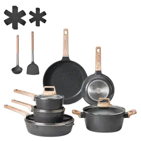 Vevor 197988510215 17 Piece Pots And Pans Set Granite Nonstick Kitchen Cookware Induction Black