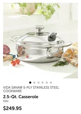 5561 Vida Sana 2.5- Quart Stainless Steel Round Casserole With Lid Double Handle Silver