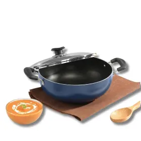 Vinod 827016111595 Non Stick Deep Kadai With Lid 3.1 Liters Blue Litres
