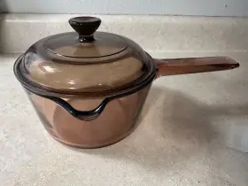 V-20c Visions Vintage Amber Glass Saucepan With Lid Clear Brown Cookware Pot Corning