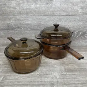 V-20-b Visions V-26-b Corning Amber Glass Saucepan Set 1.5l 1l Double Boiler Lids 5pc