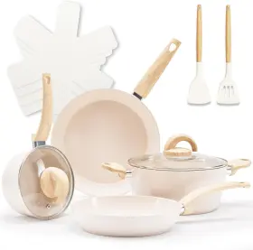 Vkoocy 749666952444 Pots And Pans Set Healthy Ceramic Cookware Kitchen Utensils Lid Tan