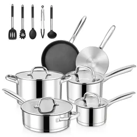 Walchoice 726084823846 15pc Stainless Steel Cookware Set 3-ply Base Induction Oven Safe