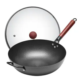Wangyuanji 573677290129 Iron Wok 13.4 Inch Chinese Craft With Lid Flat Bottom Stir Fry Pan Chemical-f