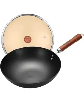 Wangyuanji 689791637000 Iron Wok 12 Inch Lightweight Woks And Stir Fry Pans With Lid Wooden Steel