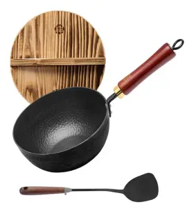 Wyj-cw34 Wangyuanji Iron Wok Non-coated 8.6-inch Wrought With Lid And Spatula