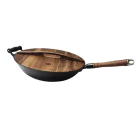 Wyja02-04pb32-h Wangyuanji Cast Iron Wok Pan 14.2 Inch Flat Bottom With Wooden Handle And Lid