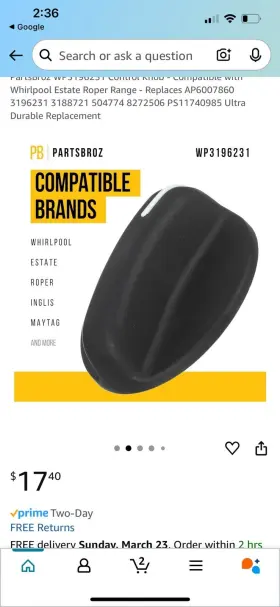 319613 Whirlpool Knob Thermos Compatible With Estate Roper Range