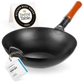 Yosukata 791109001363 Carbon Steel Wok Pan 13 5 Inch Stir Fry Pans - Chinese With Flat Bottom Po