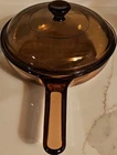 Pyrex 1.5 Never Used Glass Frying Pan With Lid, Brown, 7IN Round, Long Handle. Price: $25.54.