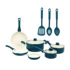 Mainstays 12 Piece Ceramic Nonstick Aluminum Pots And Pans Cookware Set, Blue New. Price: $42.47.